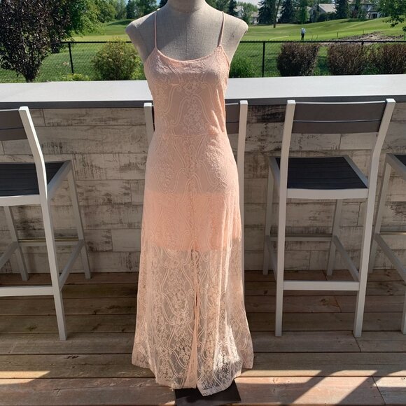 Vintage Hand Sewn Peach Sheer Lace Maxi Dress Long Gown - Picture 7 of 16